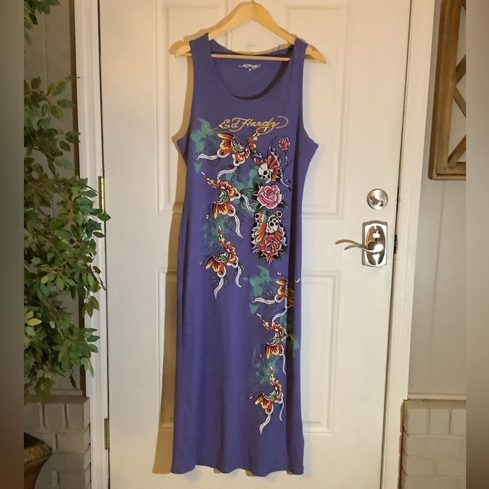 Ed Hardy Y2K Tattoo Graphic Tank Maxi Dress Sz 1X Purple Butterflies Skull Rose